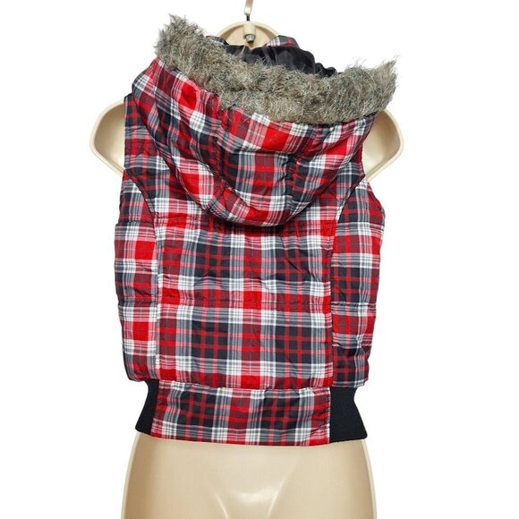 Max Rave Womens Puffer Vest Medium Black Red White Plaid Faux Fur - Picture 4 of 7
